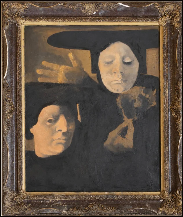 Картина «Portrait of Deacons» Вероніки Горицької: два обличчя в охристих тонах у рамі